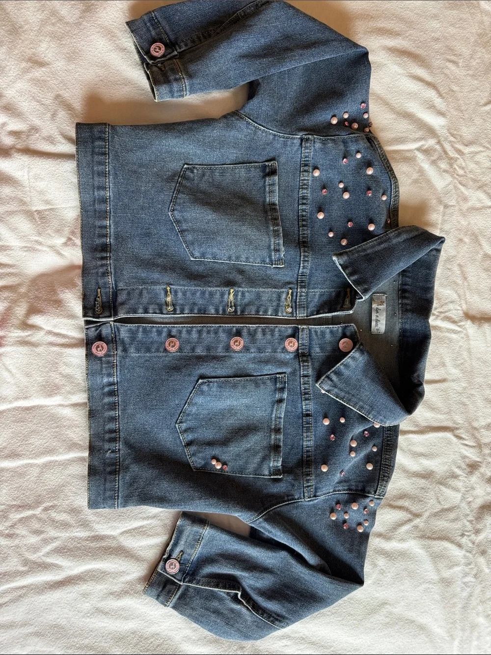 Girls' Dark Blue Denim Jacket with Pink Stud Accents